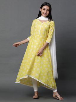 Aurelia - Yellow Asymmetrical Kurta, Tight & Dupatta (Set of 3)