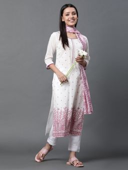 Aurelia - White & Pink Floral Printed Kurta, Pant & Dupatta (Set of 3)
