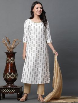 Aurelia - White Printed Sequined Kurta, Pant & Dupatta (Set of 3)