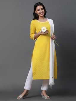 Aurelia - Yellow Printed Kurta, Pants & Dupatta (Set of 3)