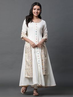 Aurelia - White Yarn-Dyed Embroidered Anarkali Kurta, Leggings and Dupatta Set