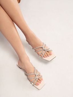 RSVP by Nykaa Fashion - Off White Embellished Square Toe Kitten Heels