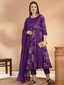 Likha - Rayon Gold Print Anarkali with Pant & Chiffon Dupatta LIKJJSKD005 (Set of 3)