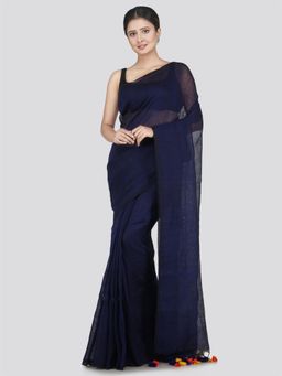 PinkLoom - Women's Linen Saree with Unstitched Blouse Piece, Blue