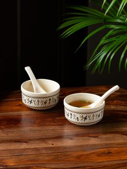 ExclusiveLane - Whispers Of Warli' Handcrafted Ceramic Soup Bowls With Spoons (Set Of 2)