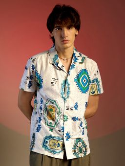 Campus Sutra - Men Chalk White Mesh Aztec Shirt