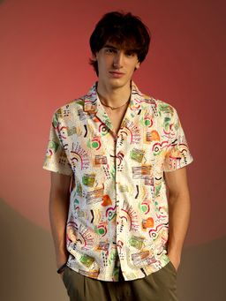 Campus Sutra - Men Cream Mesh Graphic Shirt