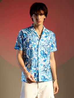 Campus Sutra - Men Indigo Blue Chalk White Mesh Foliage Shirt