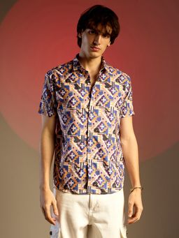 Campus Sutra - Men Sienna Brown & Indigo Blue Bohemian Shirt
