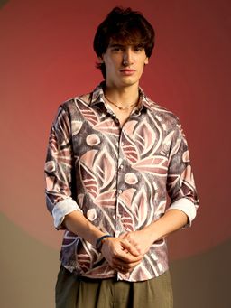 Campus Sutra - Men Charcoal Grey & Mocha Brown Marble Foliage Shirt
