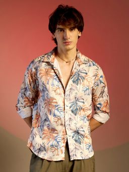Campus Sutra - Men Off White Prussian Blue & Sienna Brown Tropical Palm Shirt