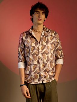 Campus Sutra - Men Pale Yellow & Mocha Brown Abstract Block Shirt