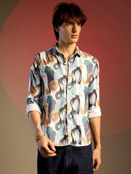 Campus Sutra - Men Prussian Blue & Sienna Brown Foliage Strokes Shirt