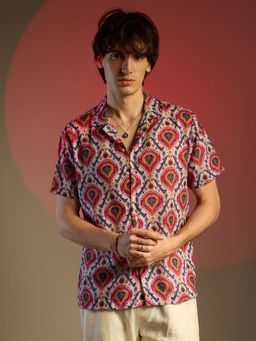 Campus Sutra - Men Crimson Red & Ivory White Ethnic Shirt