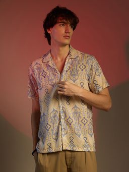 Campus Sutra - Men Pale Yellow & Powder Blue Ethnic Shirt