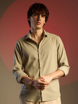 Campus Sutra - Men Asparagus Green Textured Seersucker Shirt