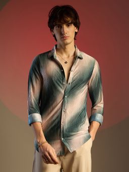Campus Sutra - Men Emerald Green & Ivory White Ombre Pleated Shirt