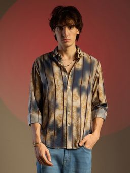 Campus Sutra - Men Navy Blue & Yellow Ochre Tie & Dye Striped Shirt