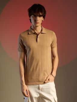 Campus Sutra - Men Buff Beige Intertwine Textured Polo T-Shirt