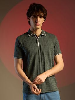 Campus Sutra - Men Juniper Green Weave Textured Polo T-Shirt