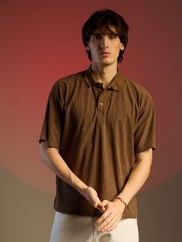 Campus Sutra - Men Chocolate Brown Ribbed Oversized Polo T-Shirt