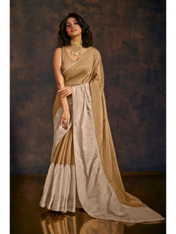 SALWAR STUDIO - Sunkissed Gold and Beige Ruffle Tissue Saree without Blouse