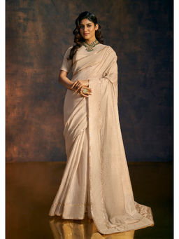 SALWAR STUDIO - Beige Embellished Tissue Saree without Blouse