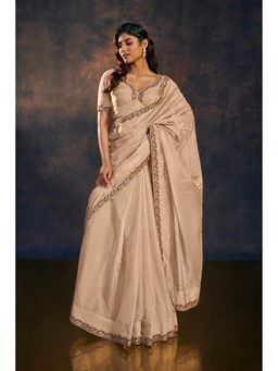 SALWAR STUDIO - Beige Banarasi Tissue Saree with Purple Gold Lace Work without Blouse