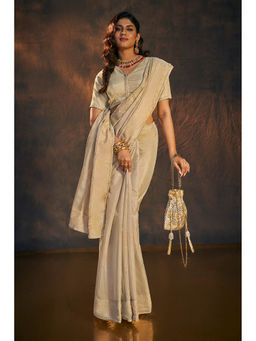 SALWAR STUDIO - Beige Embellished Tissue Saree without Blouse