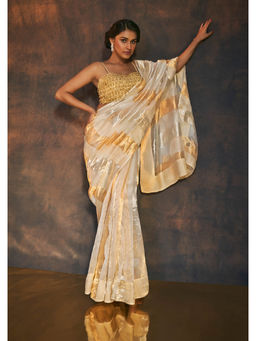 SALWAR STUDIO - Gold and Silver Striped Tissue Saree without Blouse