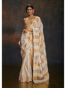 SALWAR STUDIO - Off White Tissue Saree with Gold and Silver Stripes without Blouse