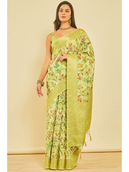 Soch - Women's Light Green Floral Print Chanderi Jacquard Weave Saree with Unstitched Blouse