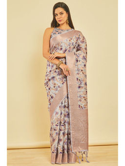 Soch - Women's Lavender Jacquard Weave Chanderi Floral Print Saree with Unstitched Blouse