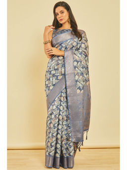 Soch - Women's Blue Geometric Print Chanderi Jacquard Weave Saree with Unstitched Blouse