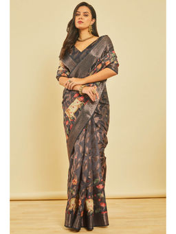 Soch - Women's Black Floral Print Chanderi Jacquard Weave Saree with Unstitched Blouse