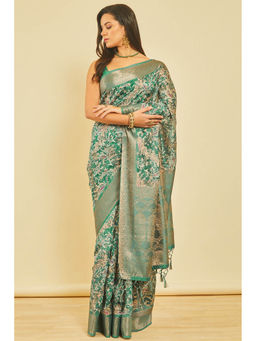 Soch - Women's Teal Ethnic Print Chanderi Jacquard Weave Saree with Unstitched Blouse