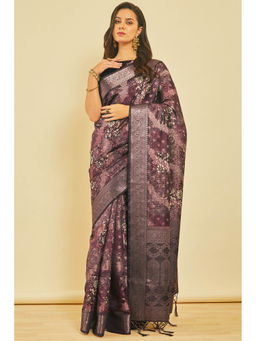 Soch - Women's Wine Floral Print Jacquard Weave Chanderi Saree with Unstitched Blouse
