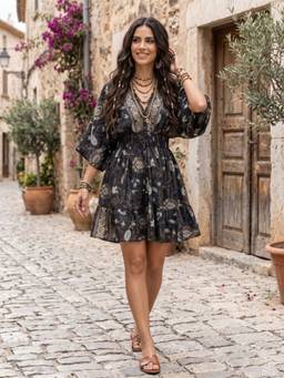 BOHOLYFE - Black Cosette Midnight Bloom Boho Dress