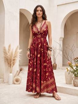 BOHOLYFE - Maroon Celestine Scarlet Boho Dress
