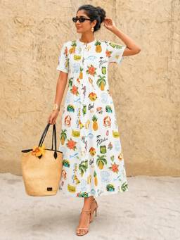 Uptownie - White Cotton Front Pleated A-Line Dress