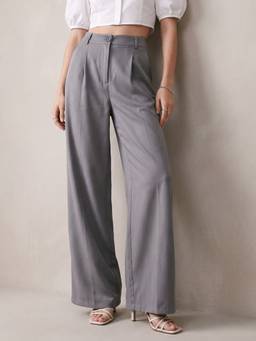 Outzidr - Grey High Waited Solid Wide Leg Trouser
