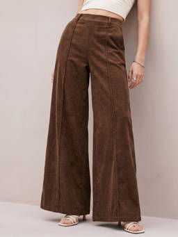 Outzidr - Brown Textured High Waist Solid Wide Leg Trouser