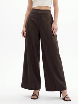 Outzidr - Brown Flowy Wide Leg Trouser with Welt Pockets