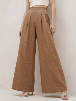 Outzidr - Brown High Waisted Pleated Flowy Trouser
