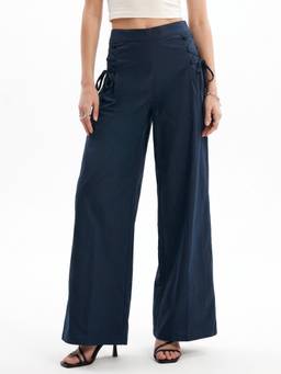 Outzidr - Navy Blue High Waist Side Tie Wide Leg Trouser