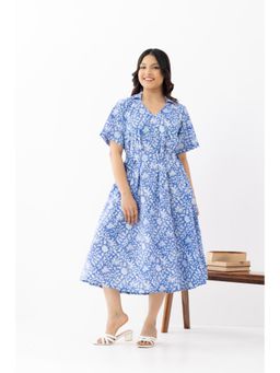 VASTRITO - Rajwari Blue Block Printed Cotton Dress