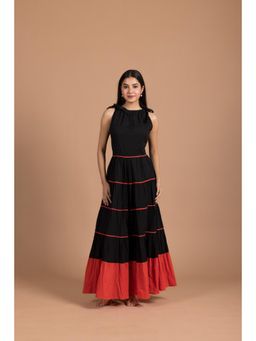 LABEL MAE - Midnight Black And Crimson Tiered Halter Maxi Dress