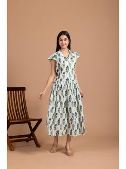 LABEL MAE - Off White Azure Floral Block Print Midi Dress