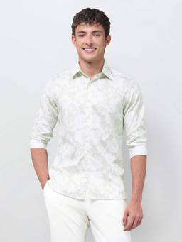 U.S. POLO ASSN. - Men's Vertical Striped With Floral Printed Satin Shirt-Beige