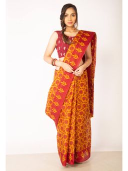 Unnati Silks - Orange Red Pure Krisha Block Printed Cotton Saree with Unstitched Blouse